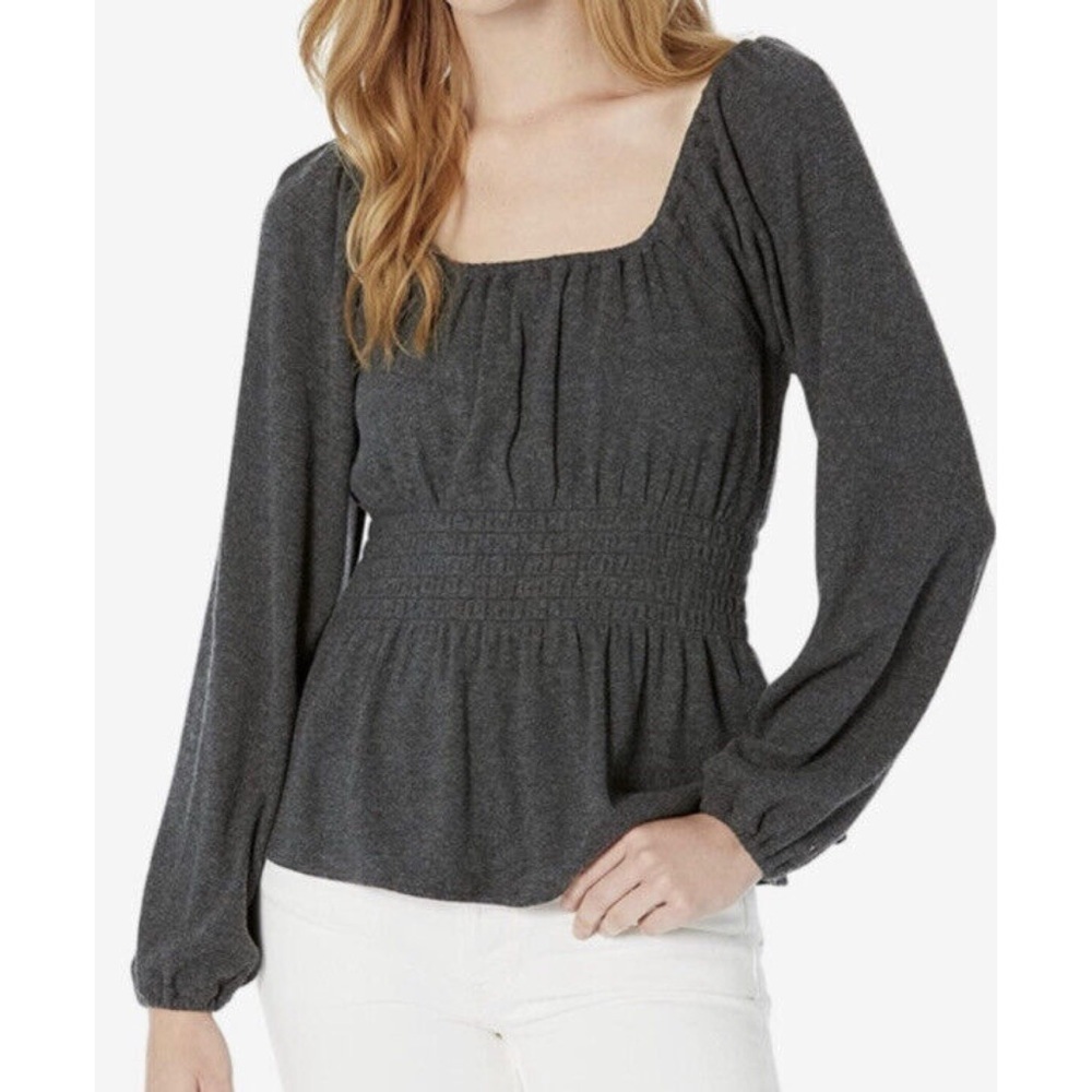 Madewell Sweater Plush Square-Neck Smocked Top Long Sleeve Dark Gray M